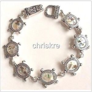 Silver Abalone Sea Turtle Charm Bracelet Nautical Beach Life Island 7.75" Plated
